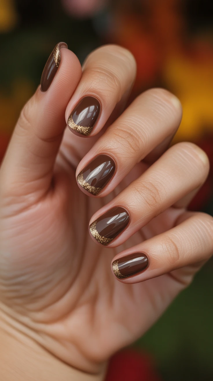 Cocoa nails with gold French tips, elegant autumn design