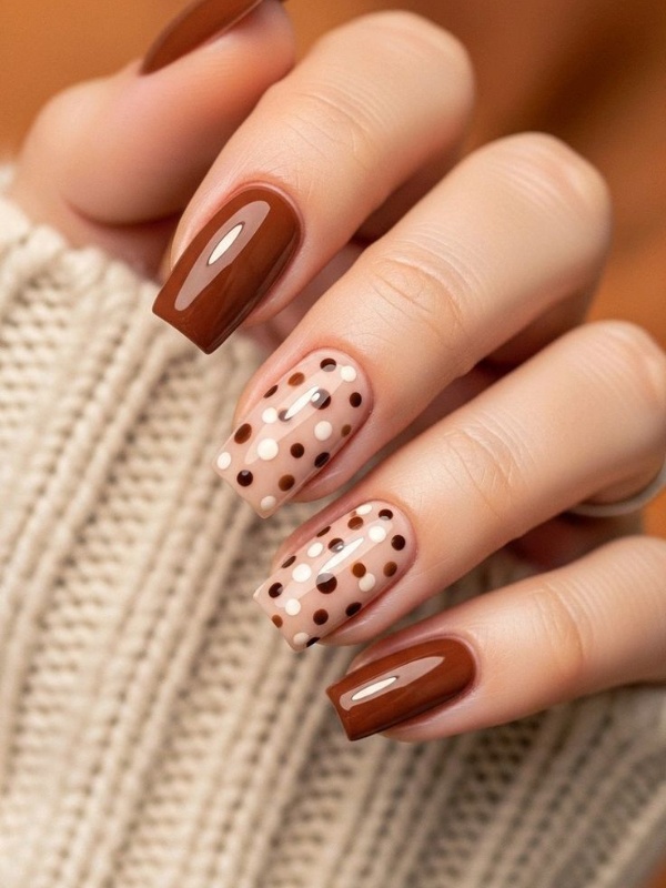 Mocha nails with polka dots, fun fall nail art