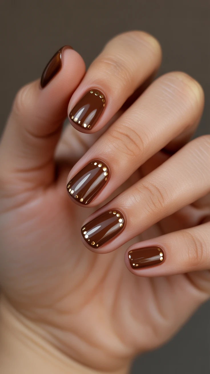 Short chocolate nails with gold studs, elegant autumn design