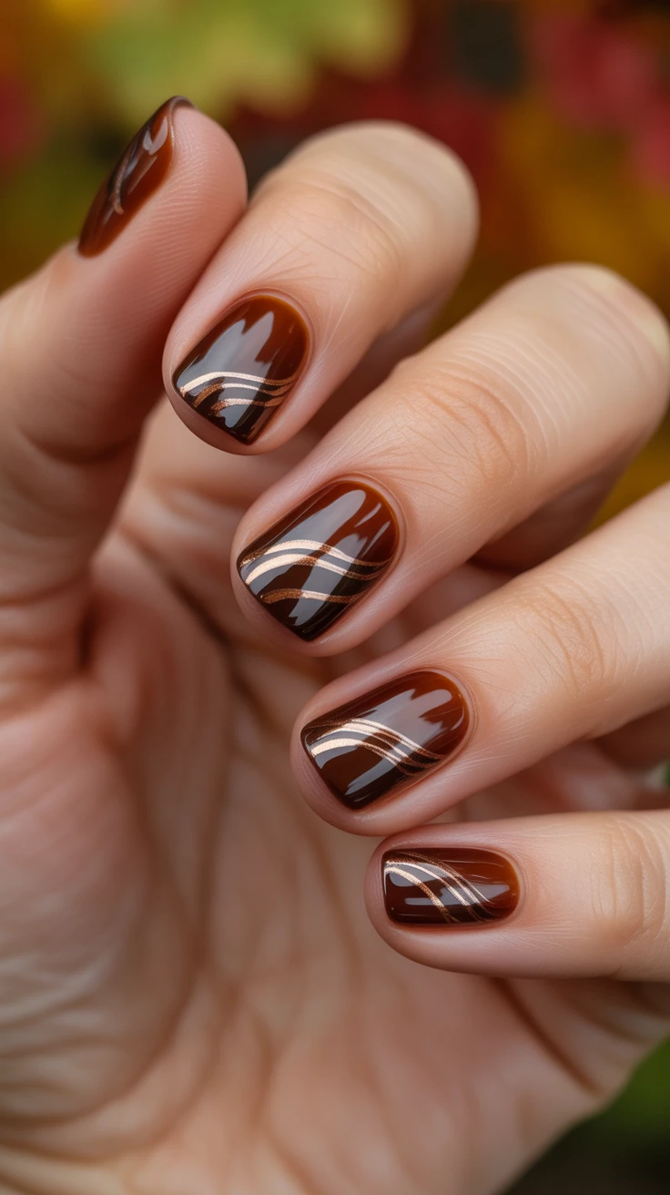 Chocolate nails with swirl accents, chic fall style