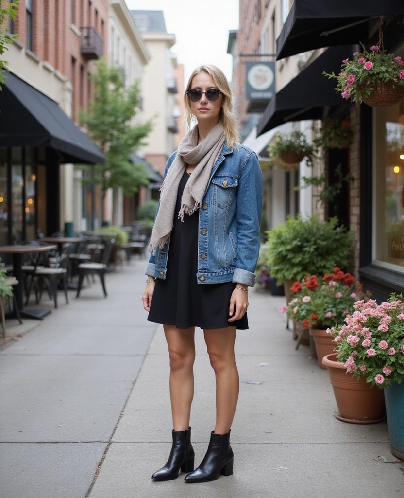 Black dress with denim jacket and scarf for casual outing