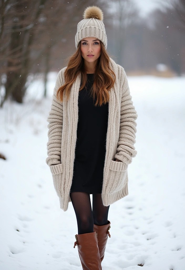 Black dress with chunky cardigan for winter