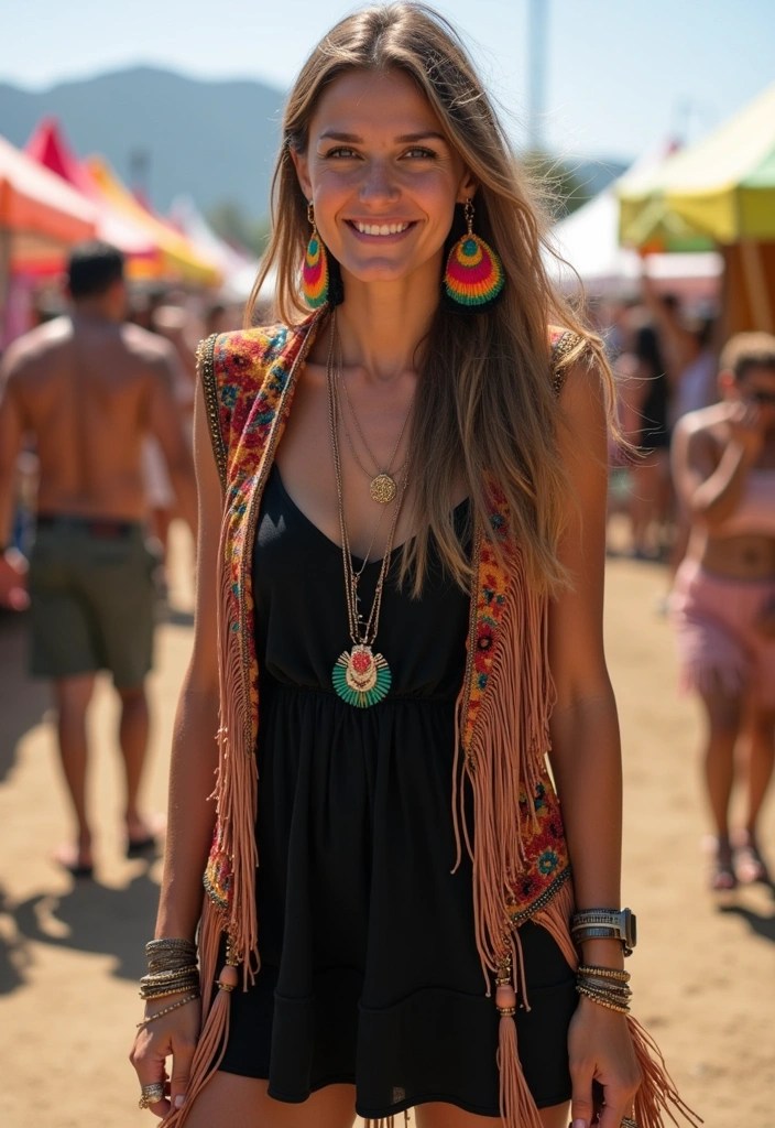 Black dress with colorful fringe vest for festival