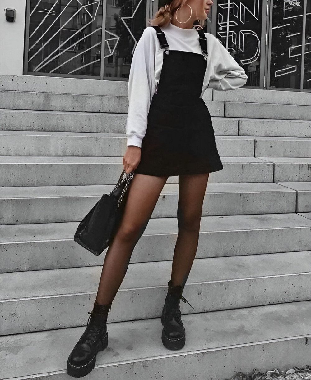 Black dress with turtleneck and boots for street style