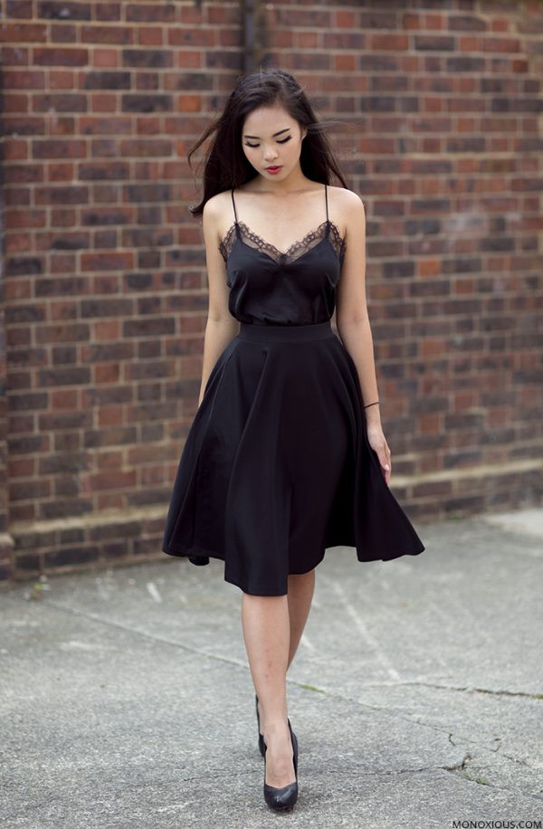 Lace-trimmed black dress with flared skirt for retro style