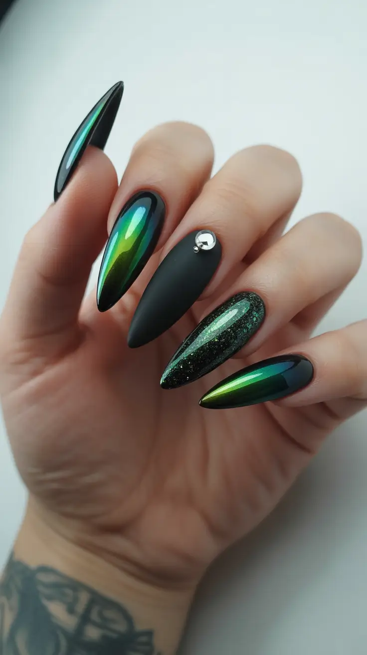 Black stiletto nails with emerald chrome and glitter accents