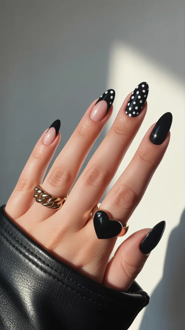 Black and nude nails with polka dot accent and almond shape