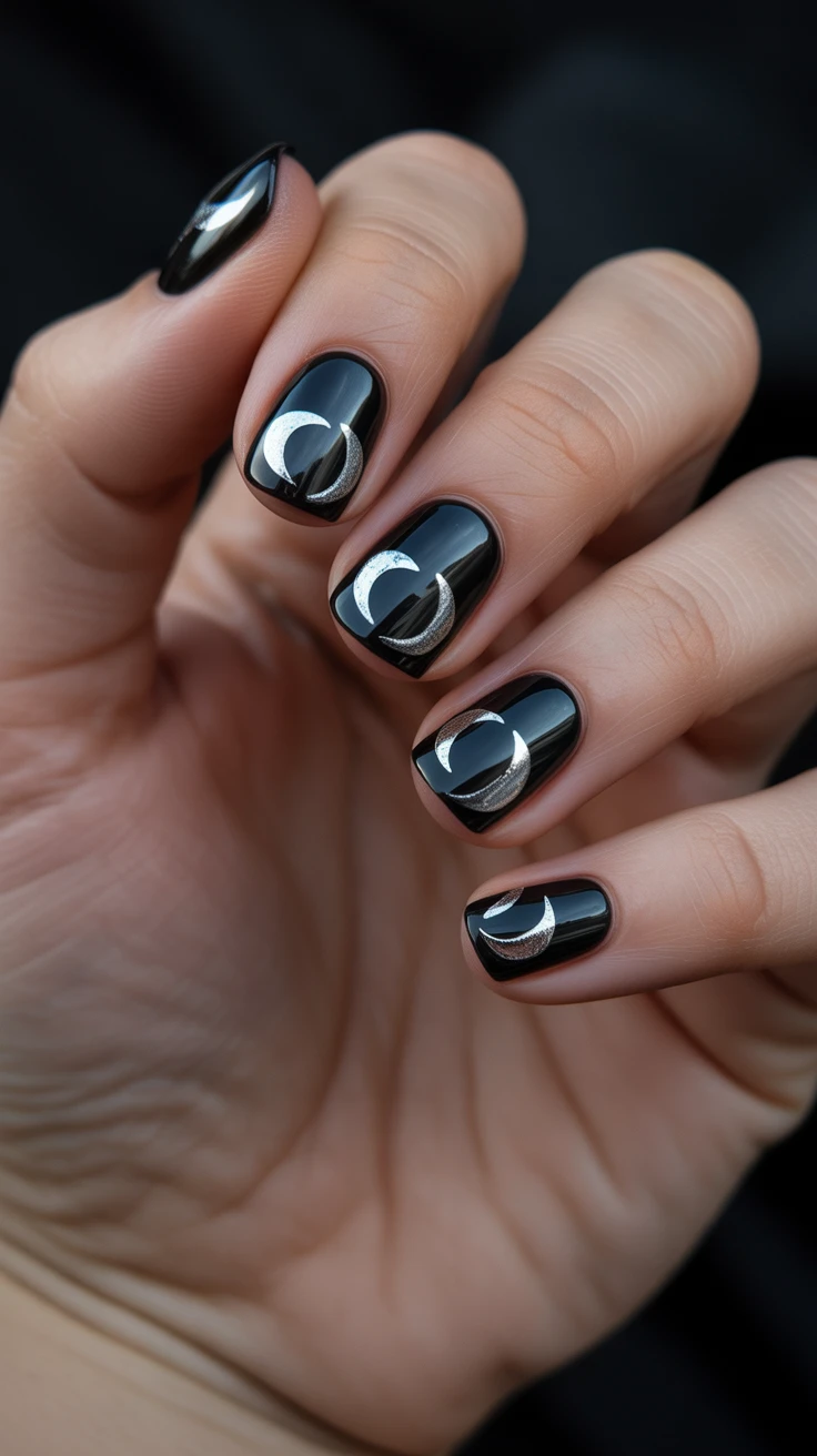 Short black nails with silver moon designs and glossy finish
