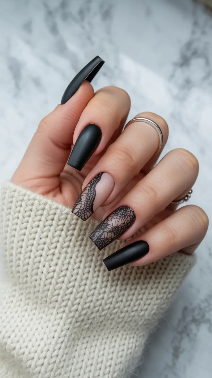 Long matte black nails with lace detail and coffin shape