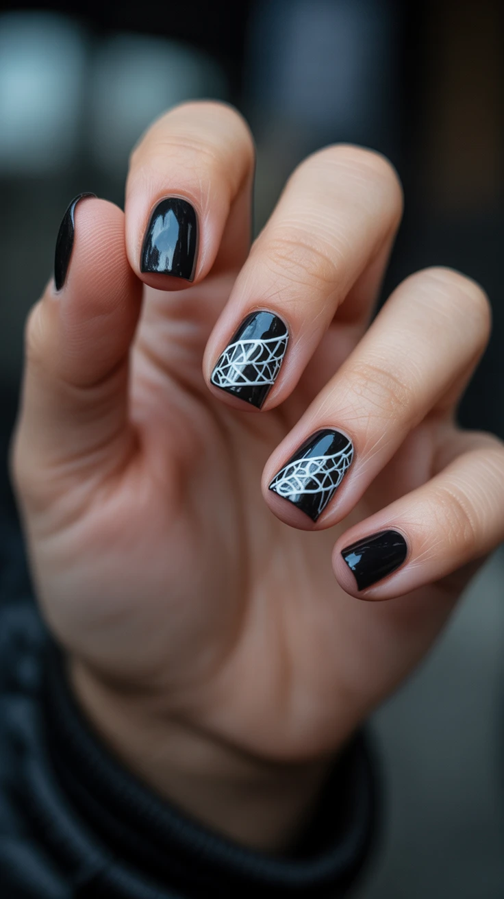 Short black nails with white geometric lines and glossy finish