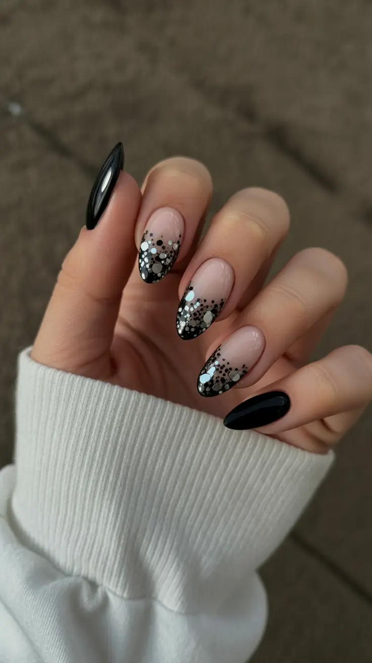 Almond black nails with glitter gradient on nude base