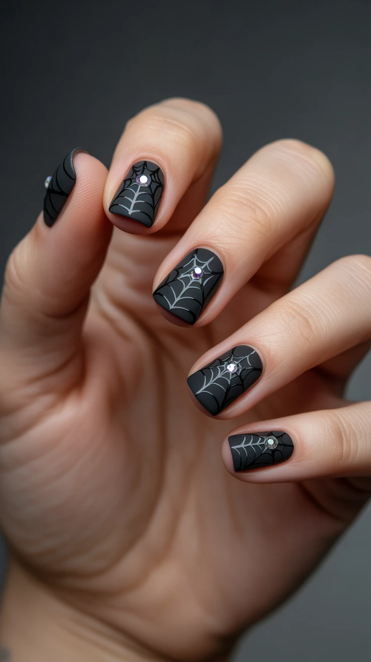 Black nails with spider web design and rhinestones