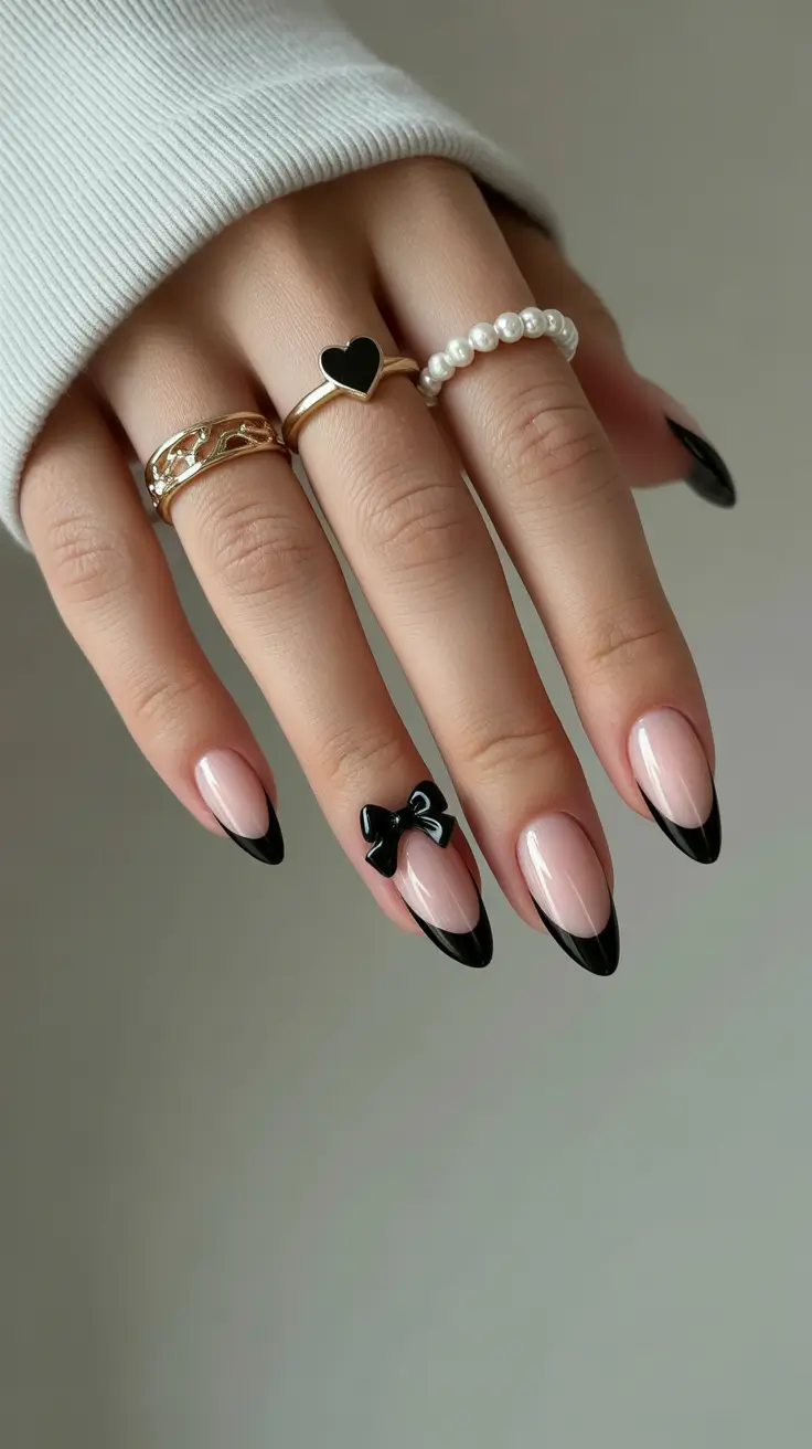 Almond nails with black tips and bow accent