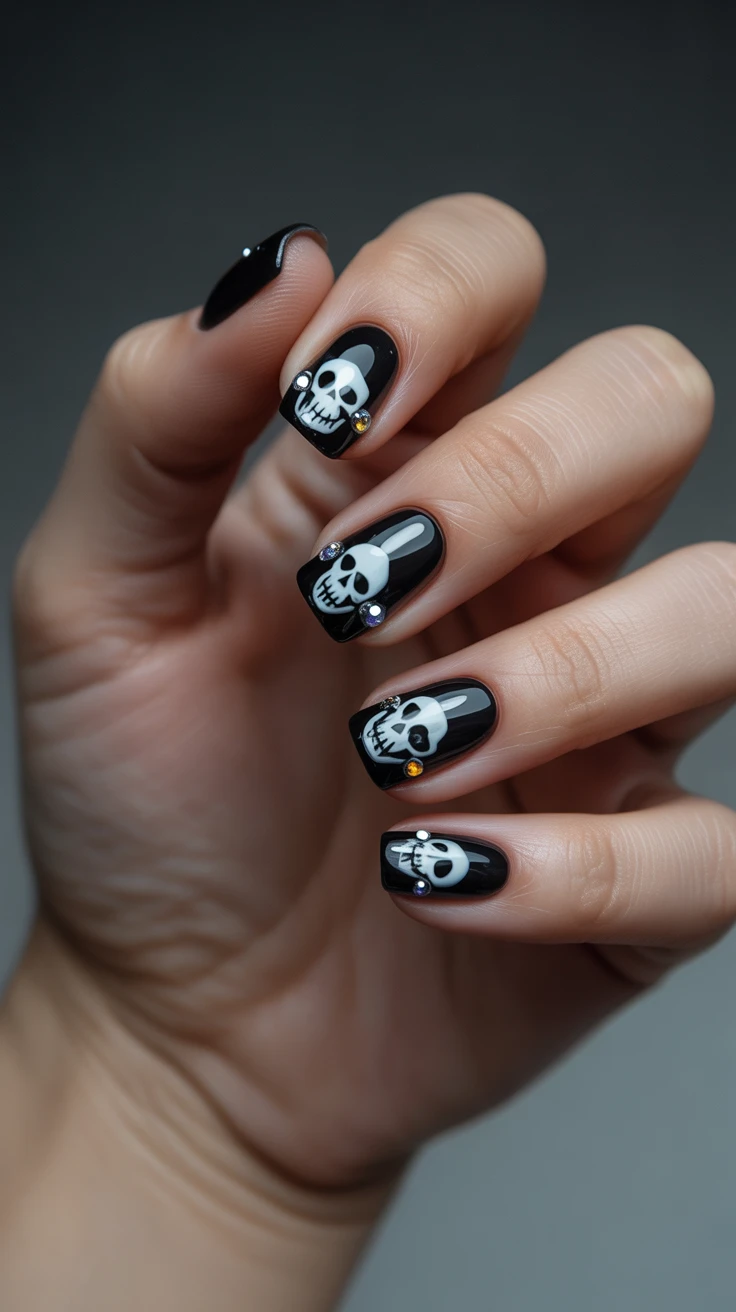 Black nails with skull art and rhinestone details