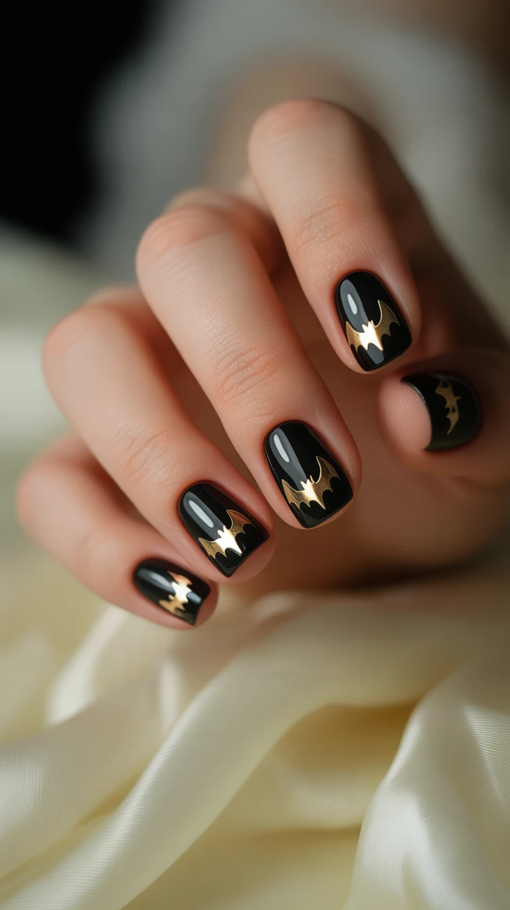 Short black nails with gold bat design