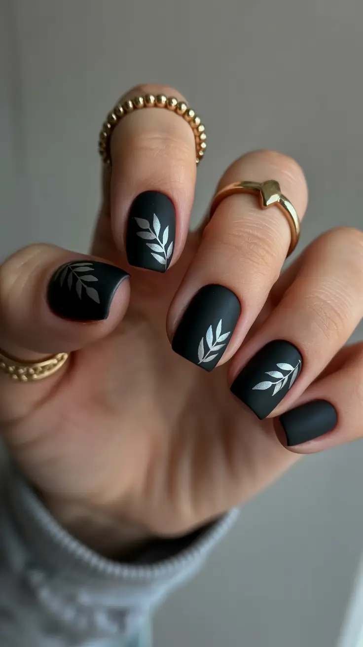 Matte black nails with silver leaf design