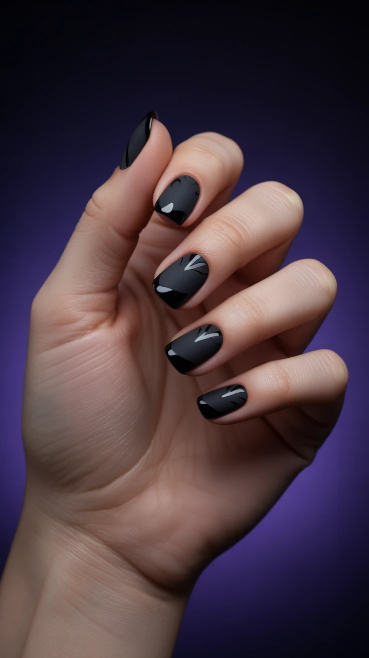 Short glossy black nails with subtle shine