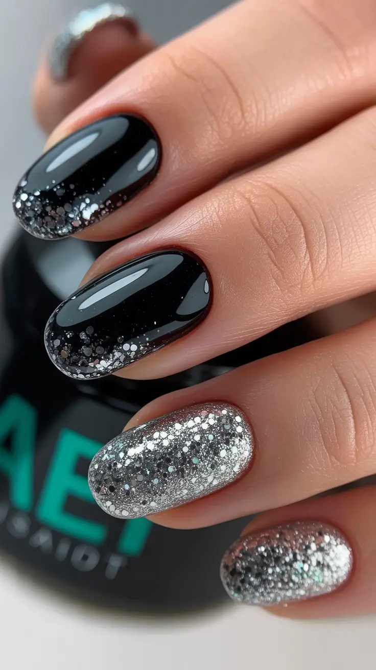 Black and silver glitter oval nails