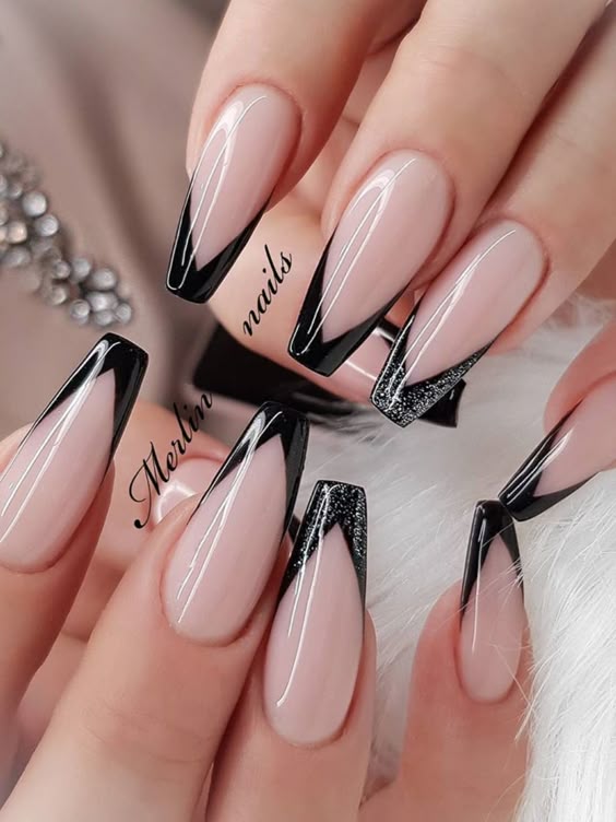 Coffin black French tips with nude base