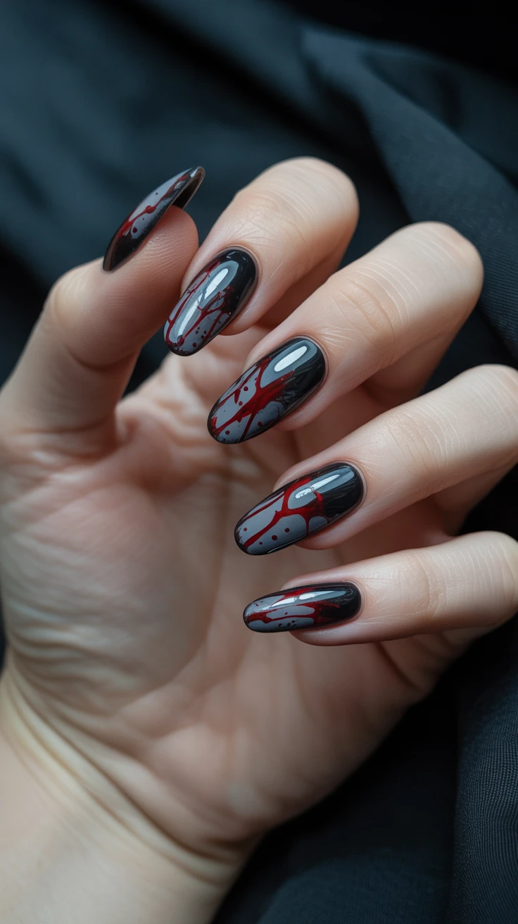 Long black nails with red drip art