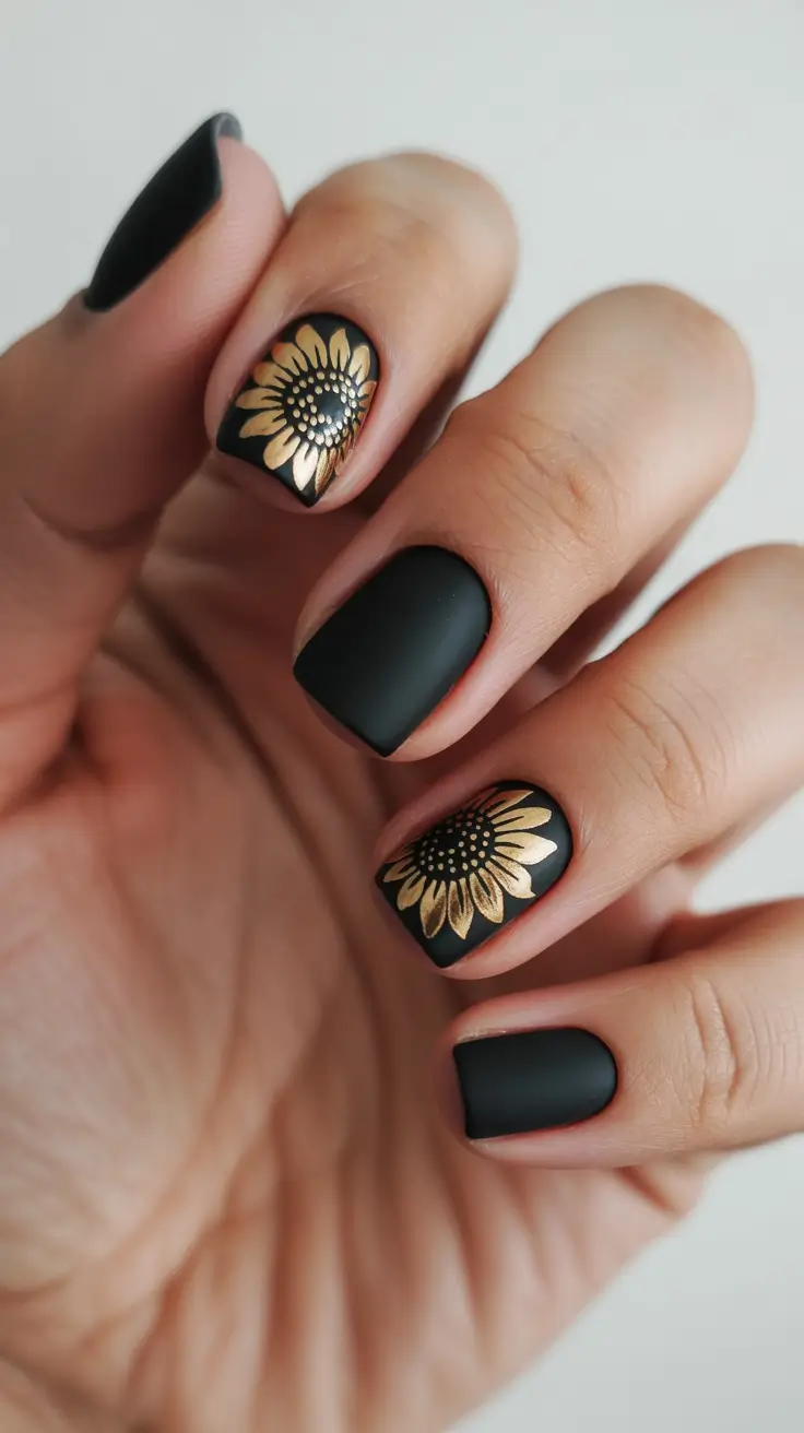 Matte black nails with gold sunflower design