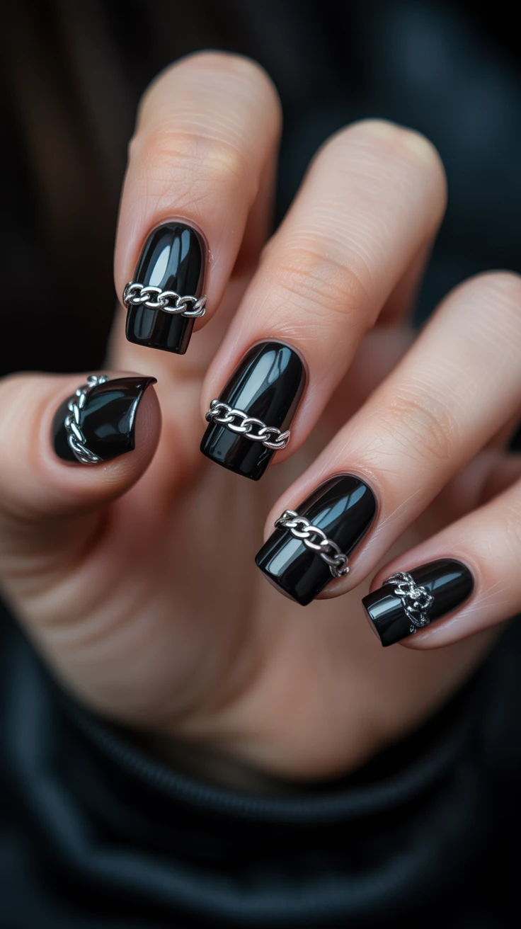 Black square nails with chain accents