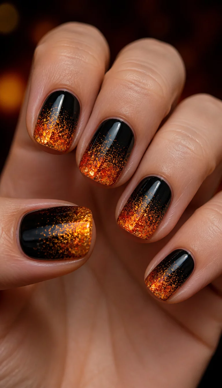 Short black nails with fiery orange gradient