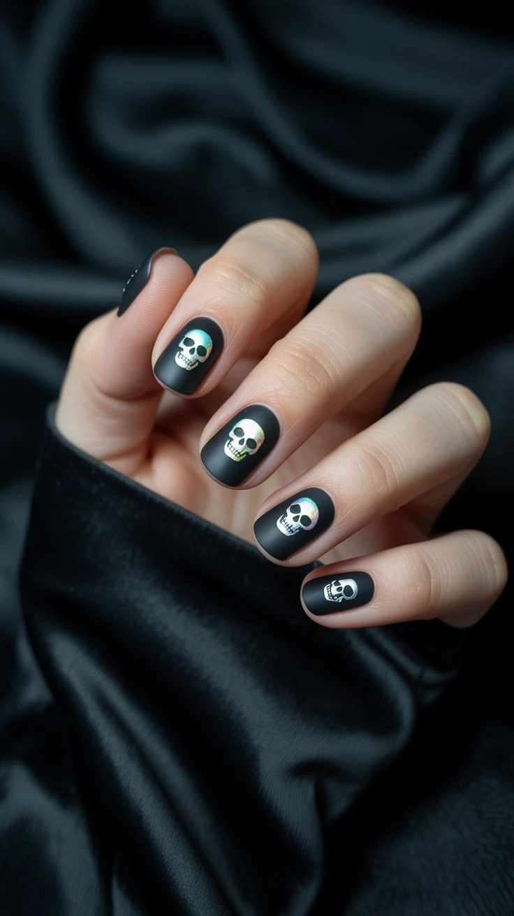 Matte black nails with skull motifs