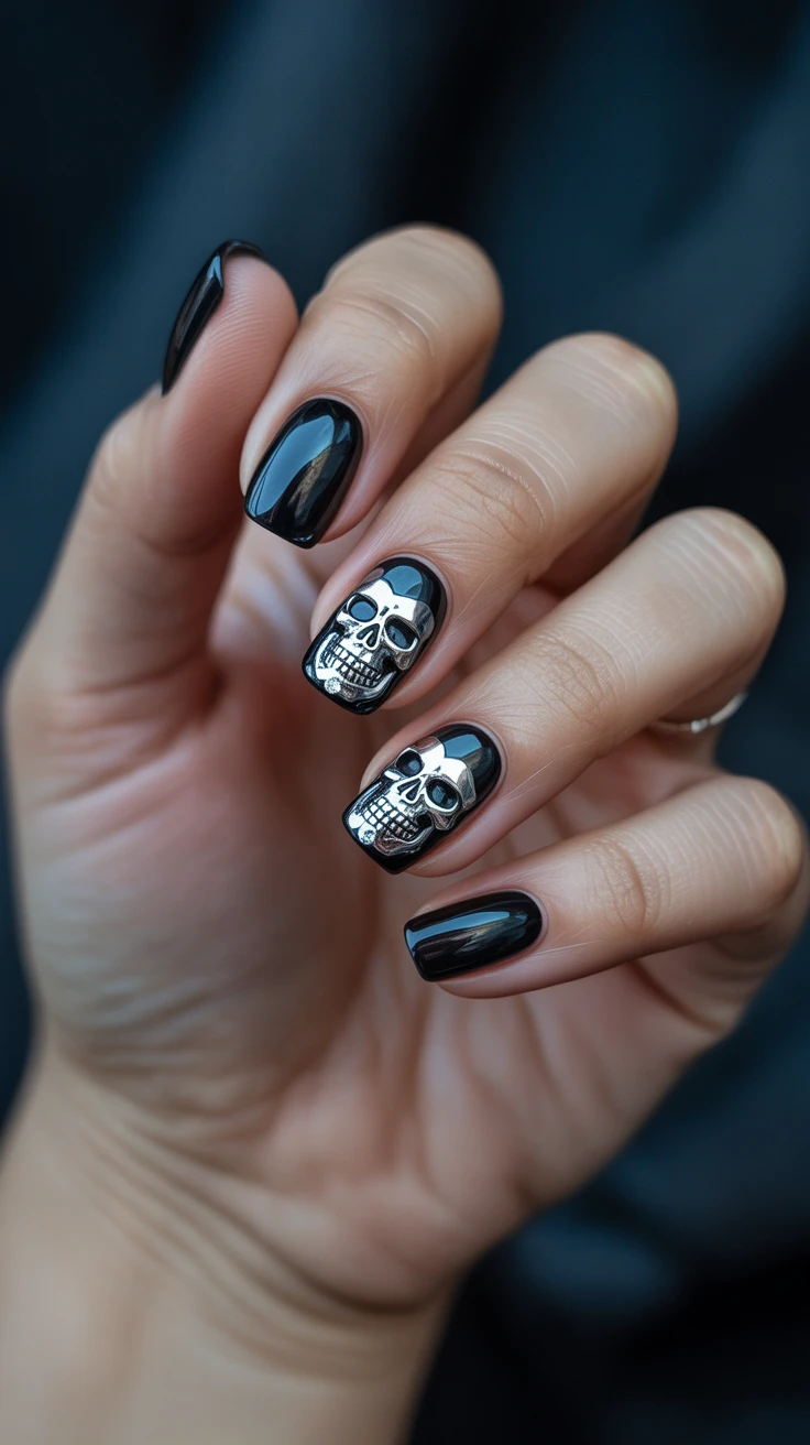 Black square nails with skulls