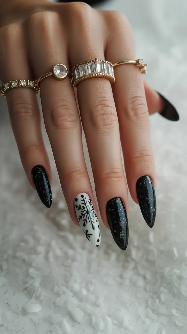 Almond black nails with snowflake design