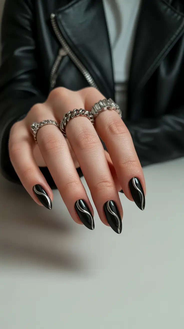 Black stiletto nails with chains