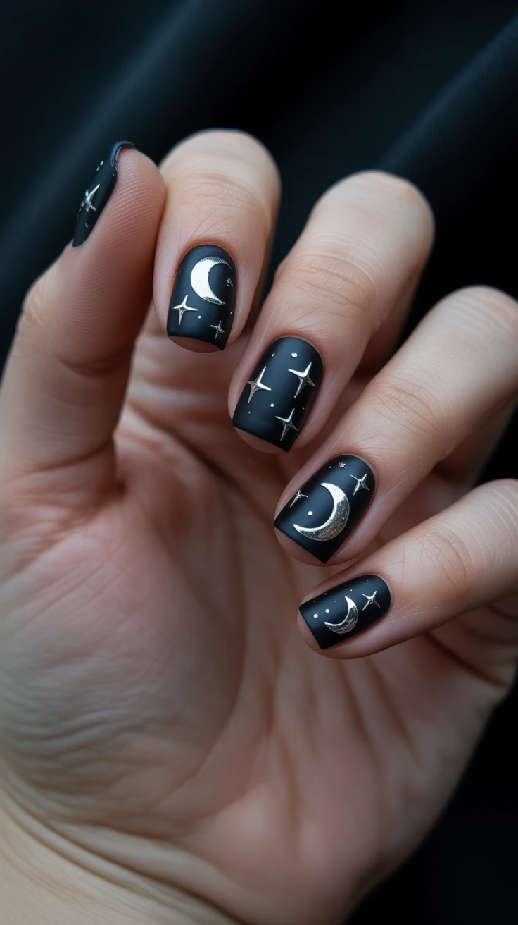 Short black nails with moon and star designs