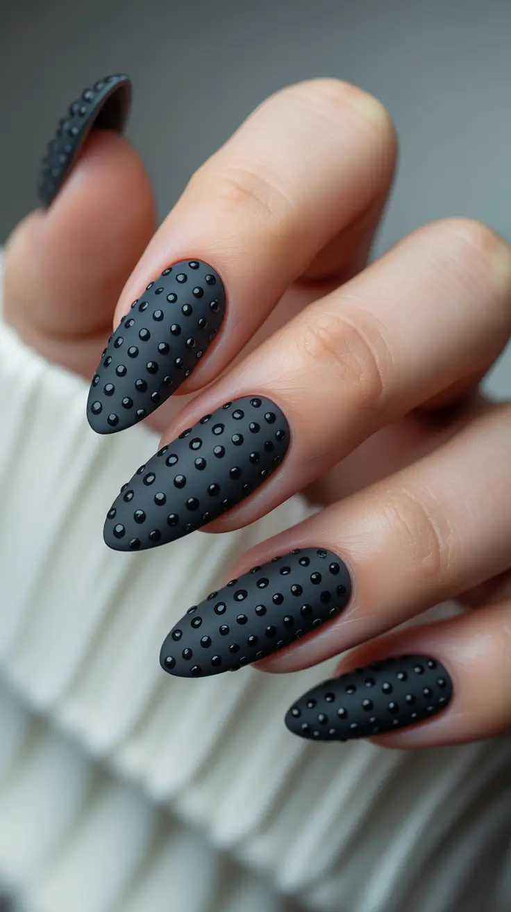 Long matte black nails with textured dots
