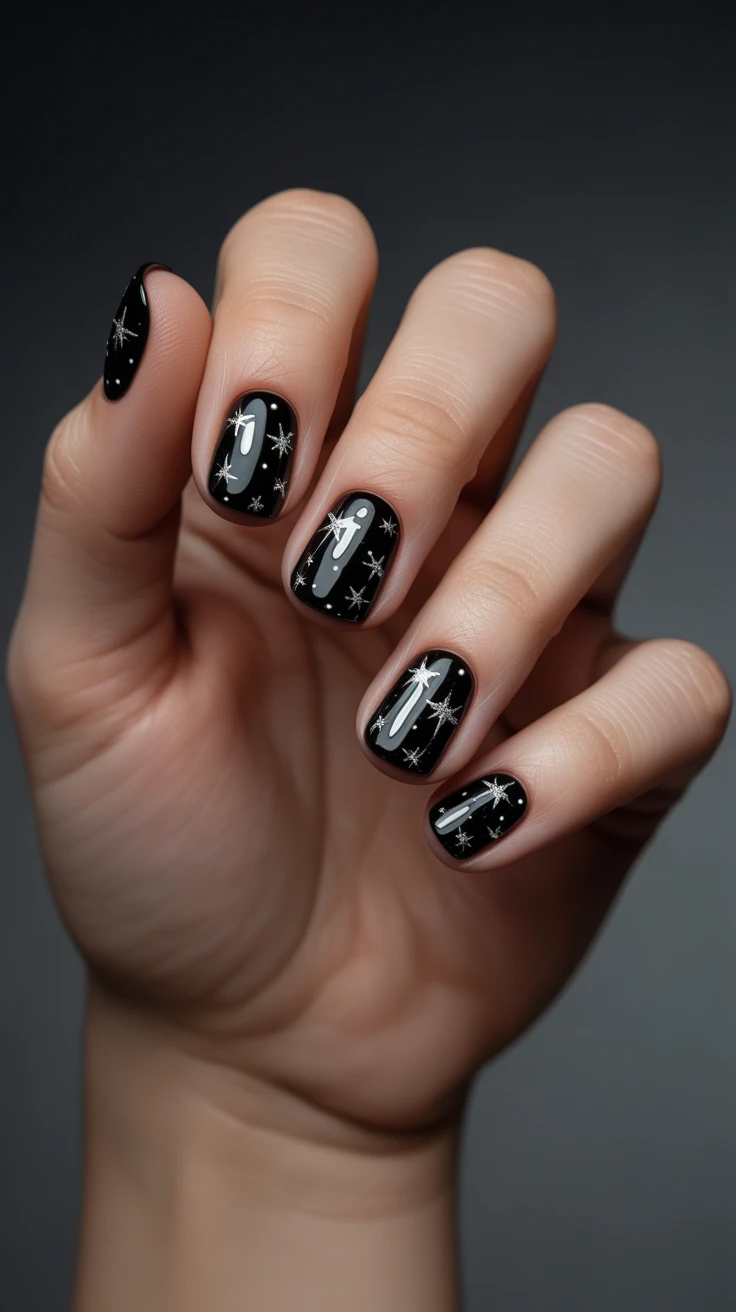 Short glossy black nails with star designs