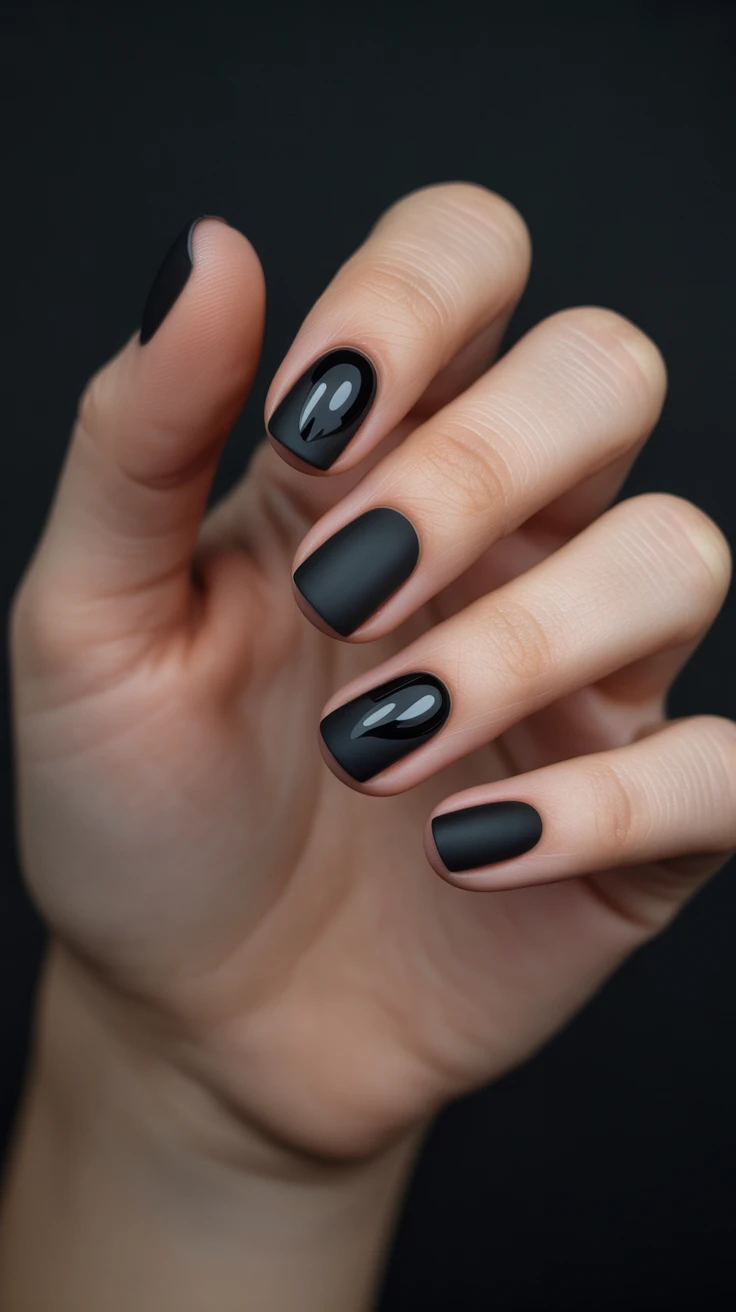 Short nails with black matte and gloss combination