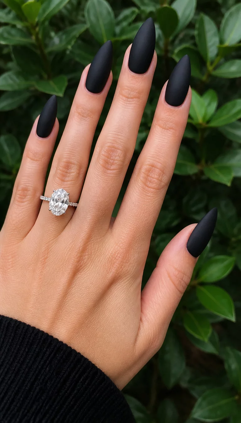Matte black stiletto nails with minimalist style