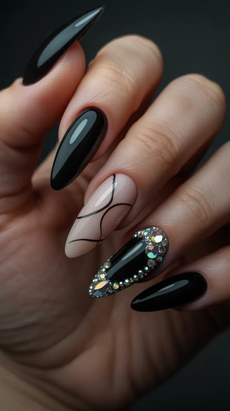 Black almond nails with rhinestone embellishments