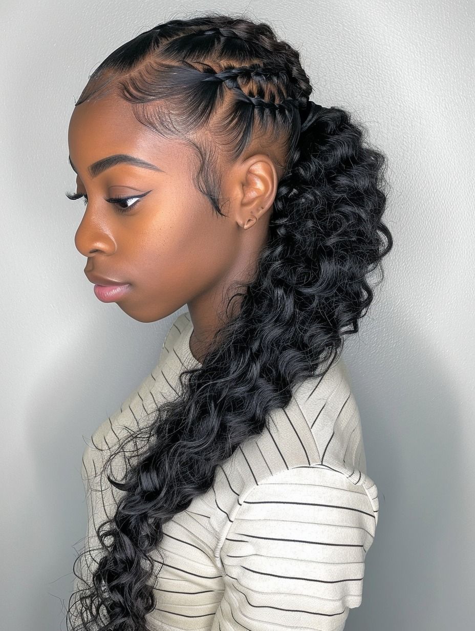 Defined cornrows with voluminous curls for Black women