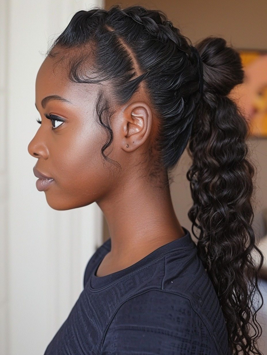 Fishtail braids with curly ponytail for Black women