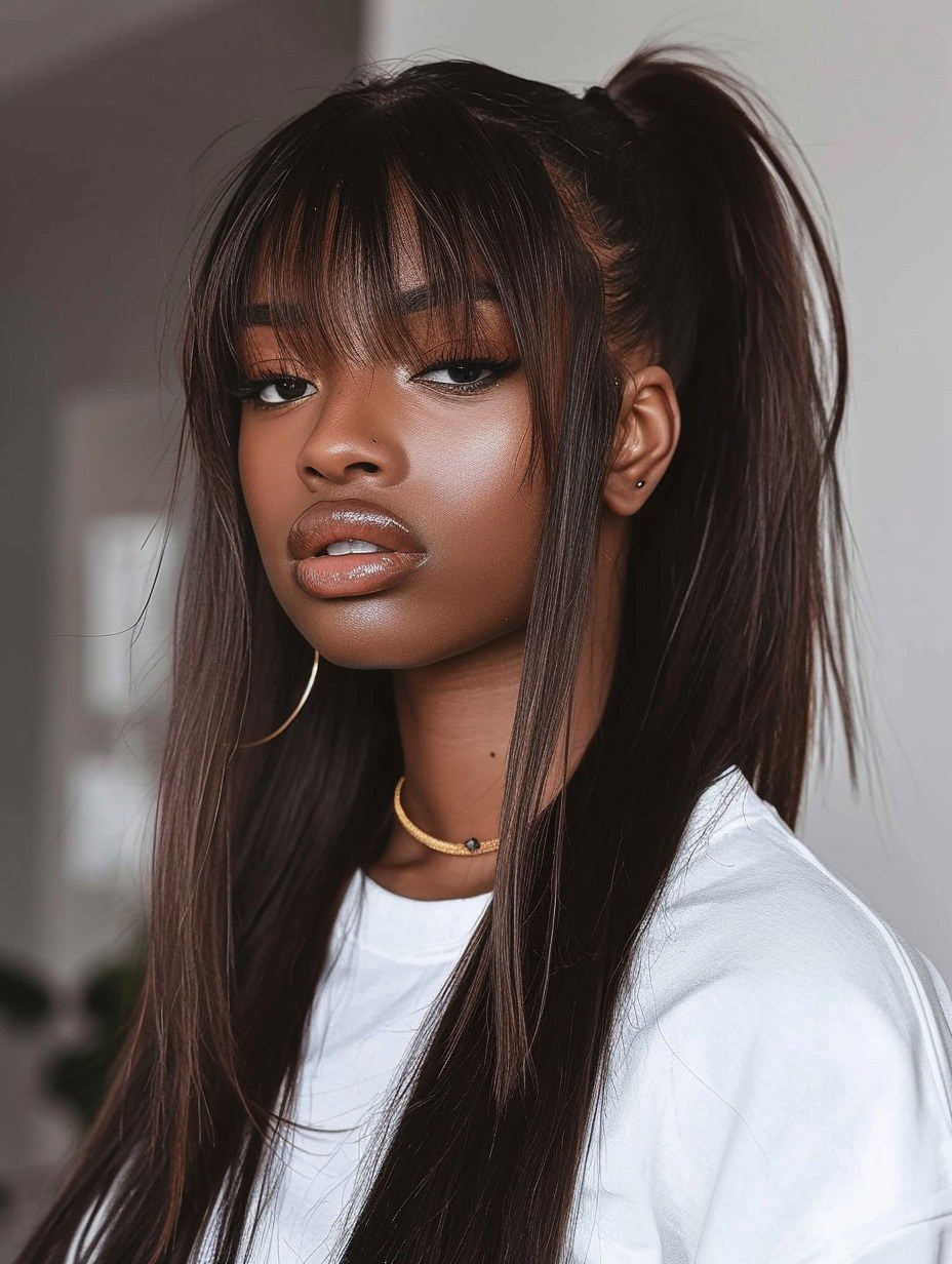 Long layers with wispy bangs for Black women