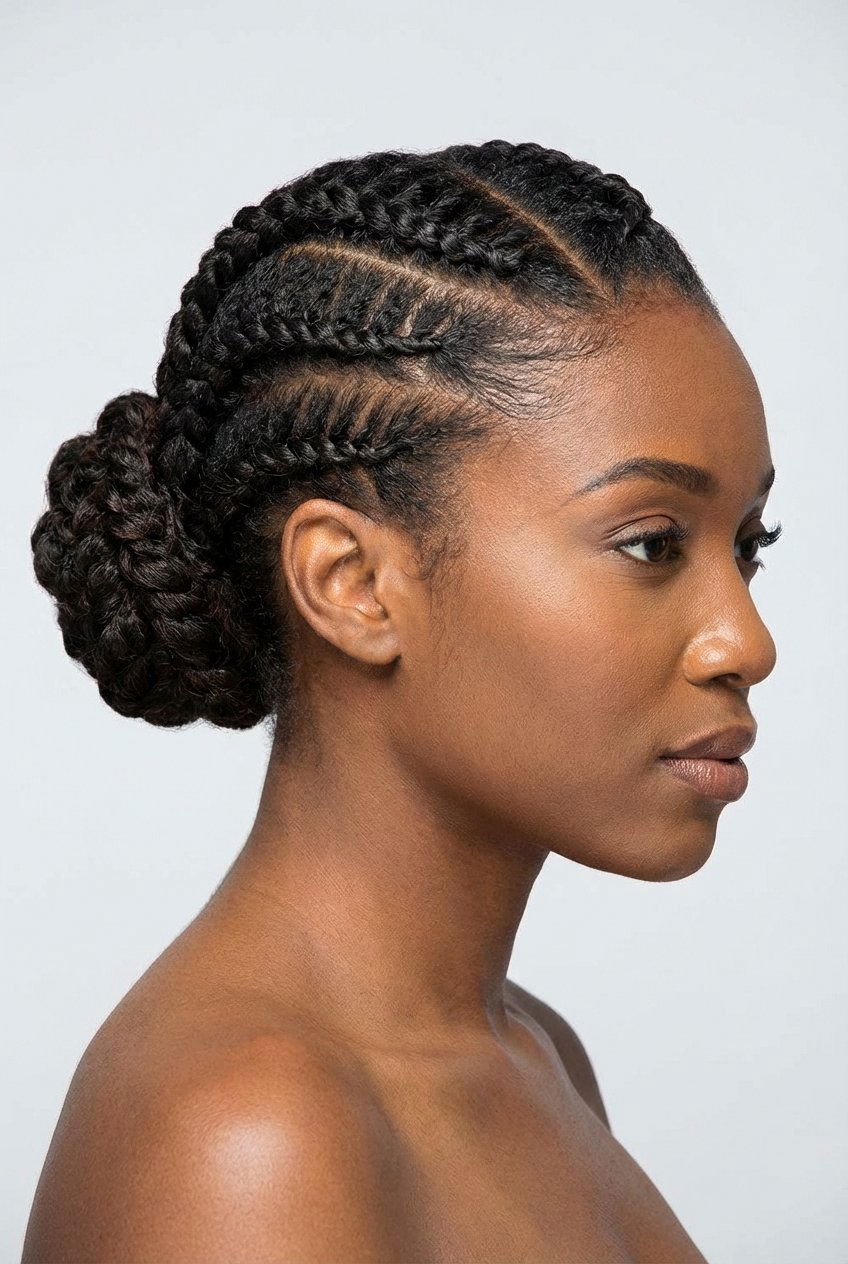 Intricate cornrows with low bun