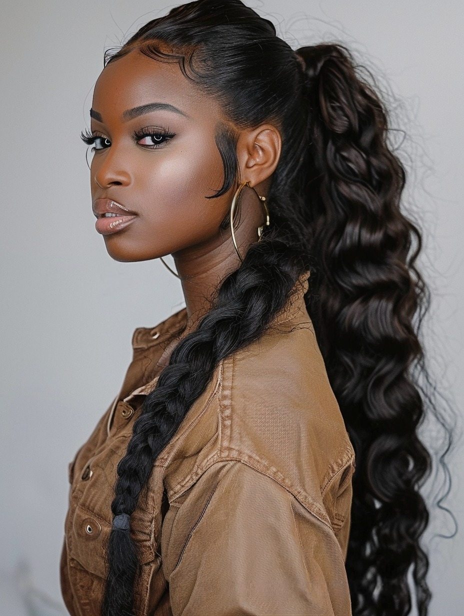 High ponytail with braided wrap for Black women