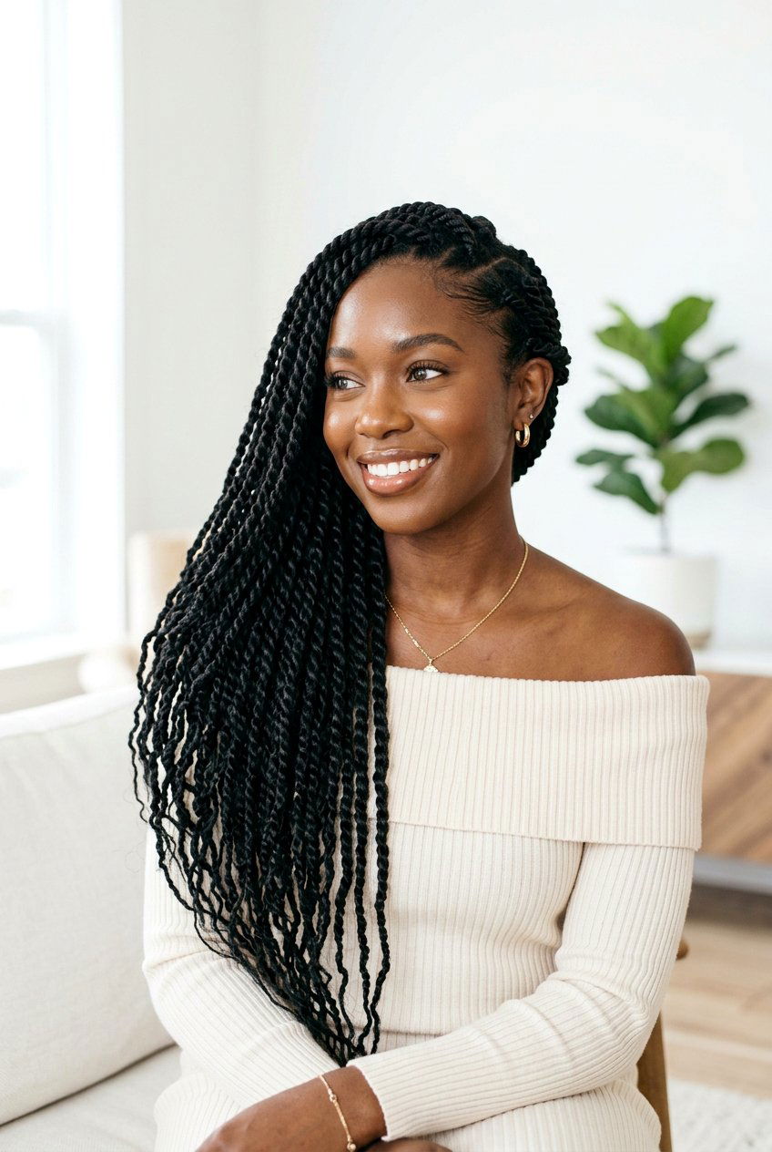 Long twists with side part for Black women