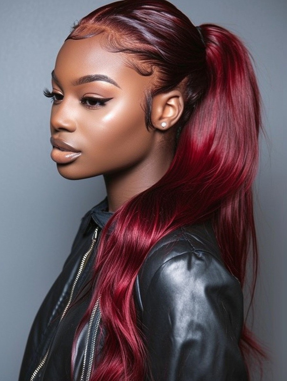 Burgundy sleek ponytail with glossy finish
