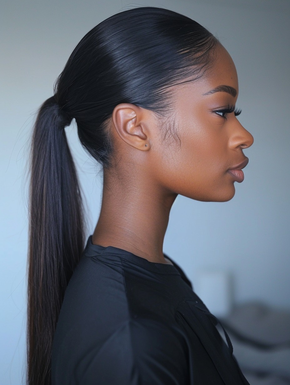 Sleek low ponytail with smooth finish