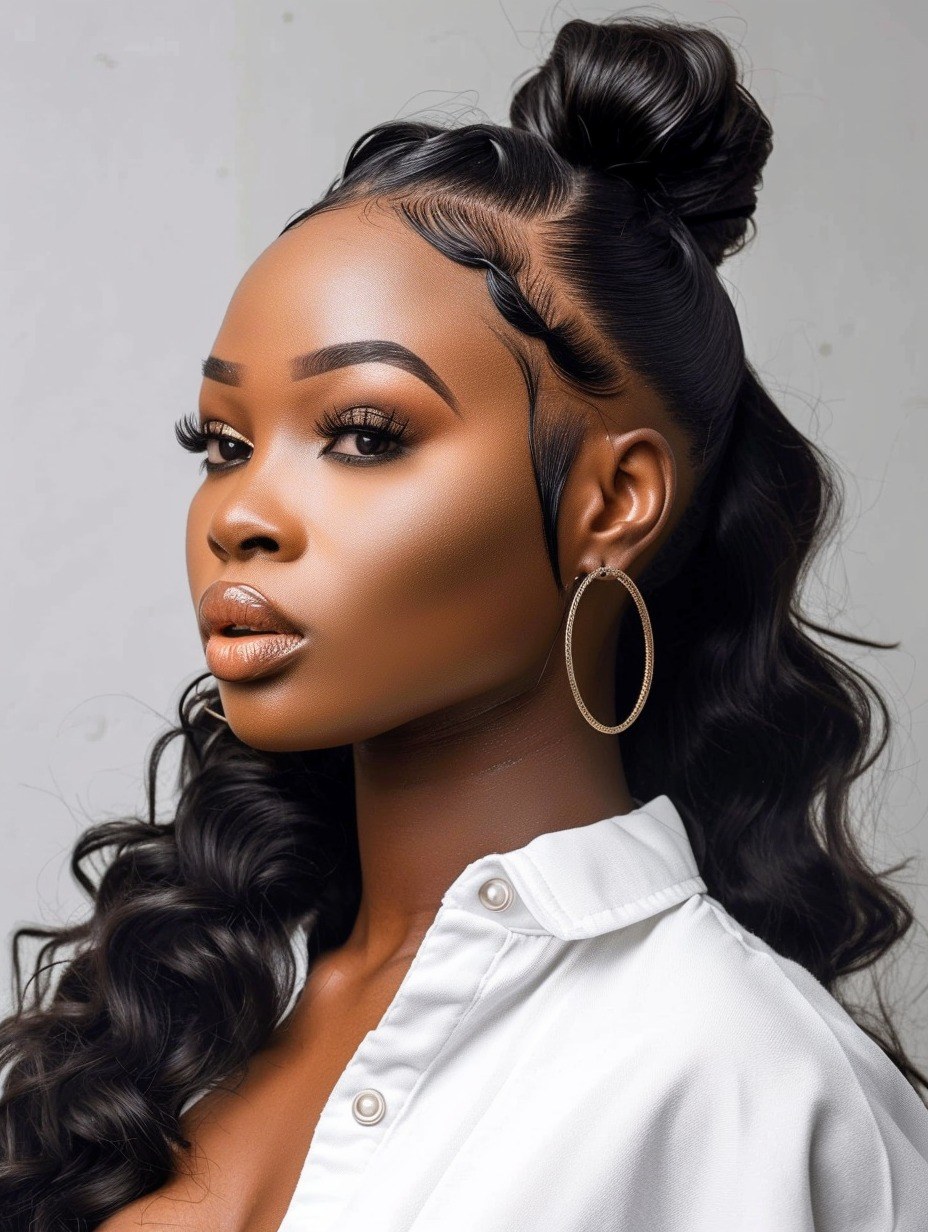 Half-up glam waves with sleek edges for Black women