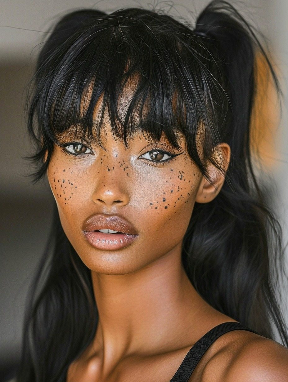 Wispy bangs with high ponytail for Black women