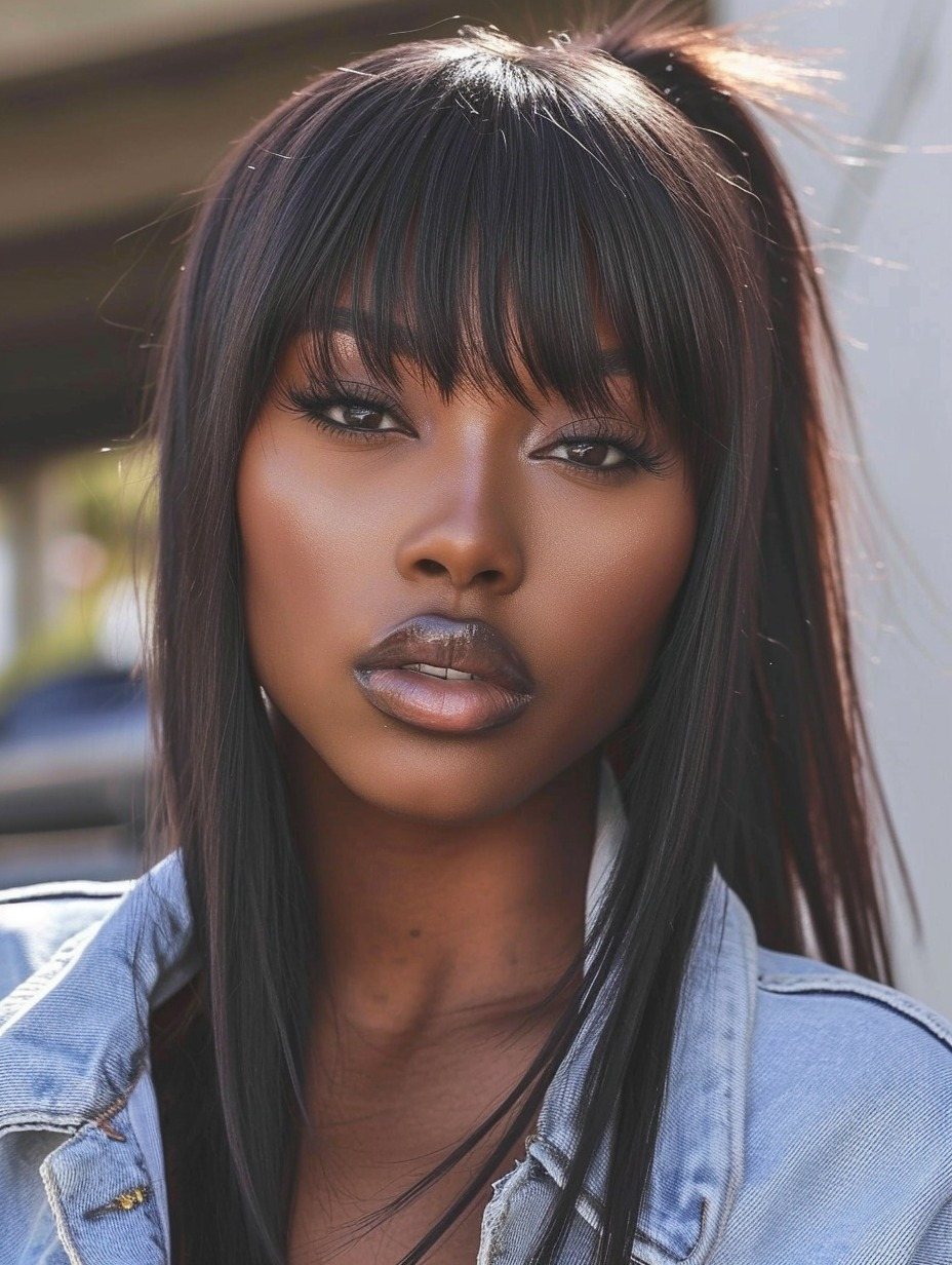 Sleek ponytail with full bangs for Black women