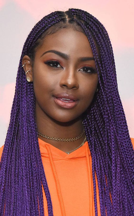 Purple box braids with sleek finish