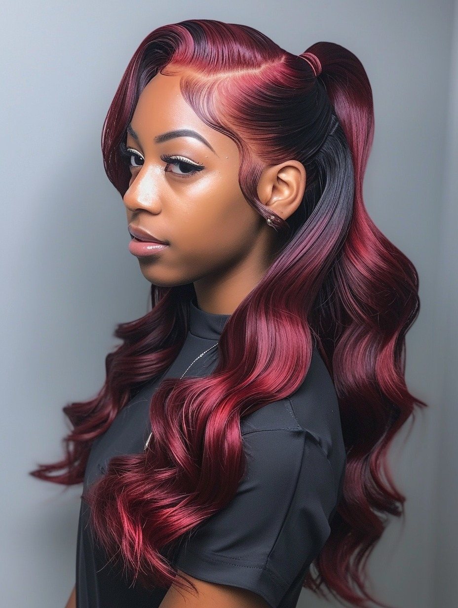 Burgundy waves with side part and sleek finish